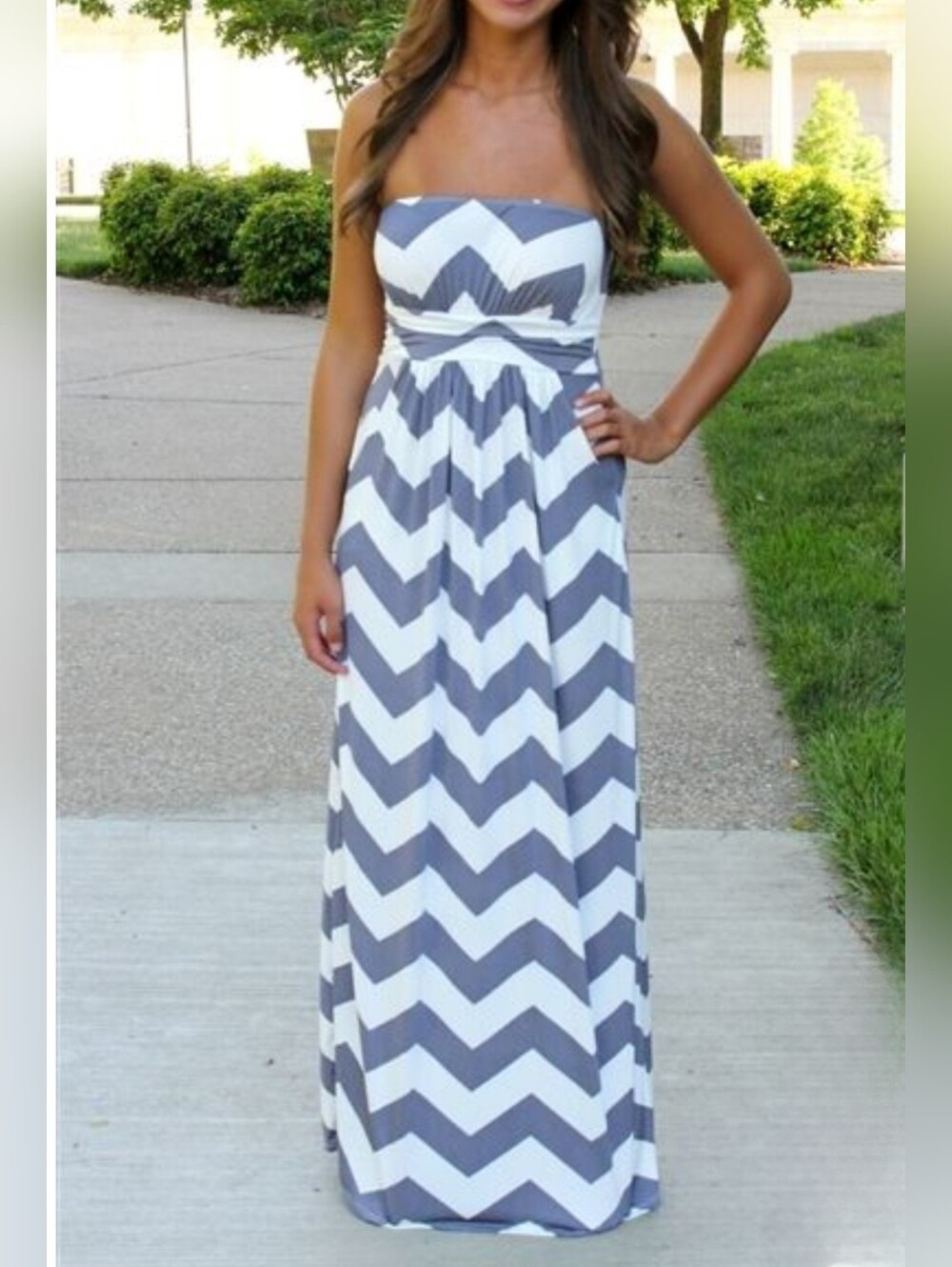 Fashionomics L Strapless White Gray Chevron Maxi Dress 3915-CW
